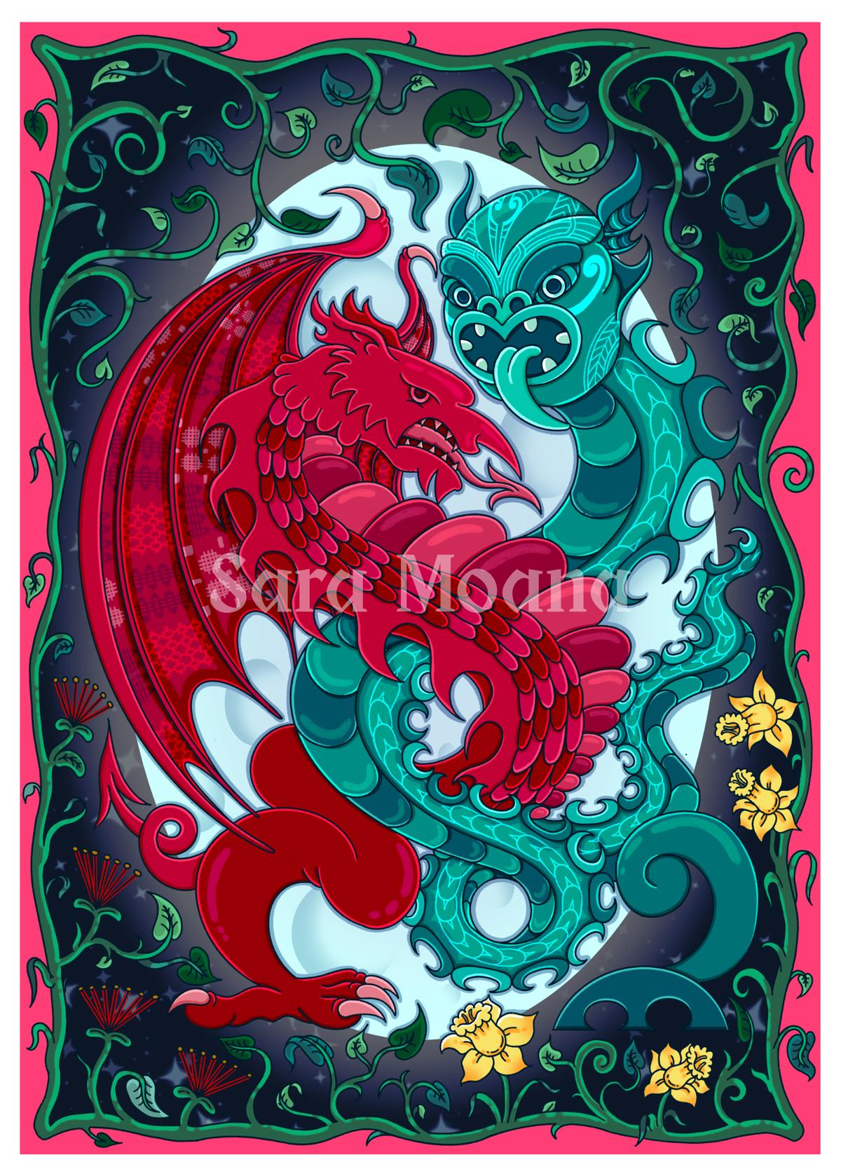 'Y Ddraig Goch a'r Taniwha' (The Red Dragon and the Taniwha) Print