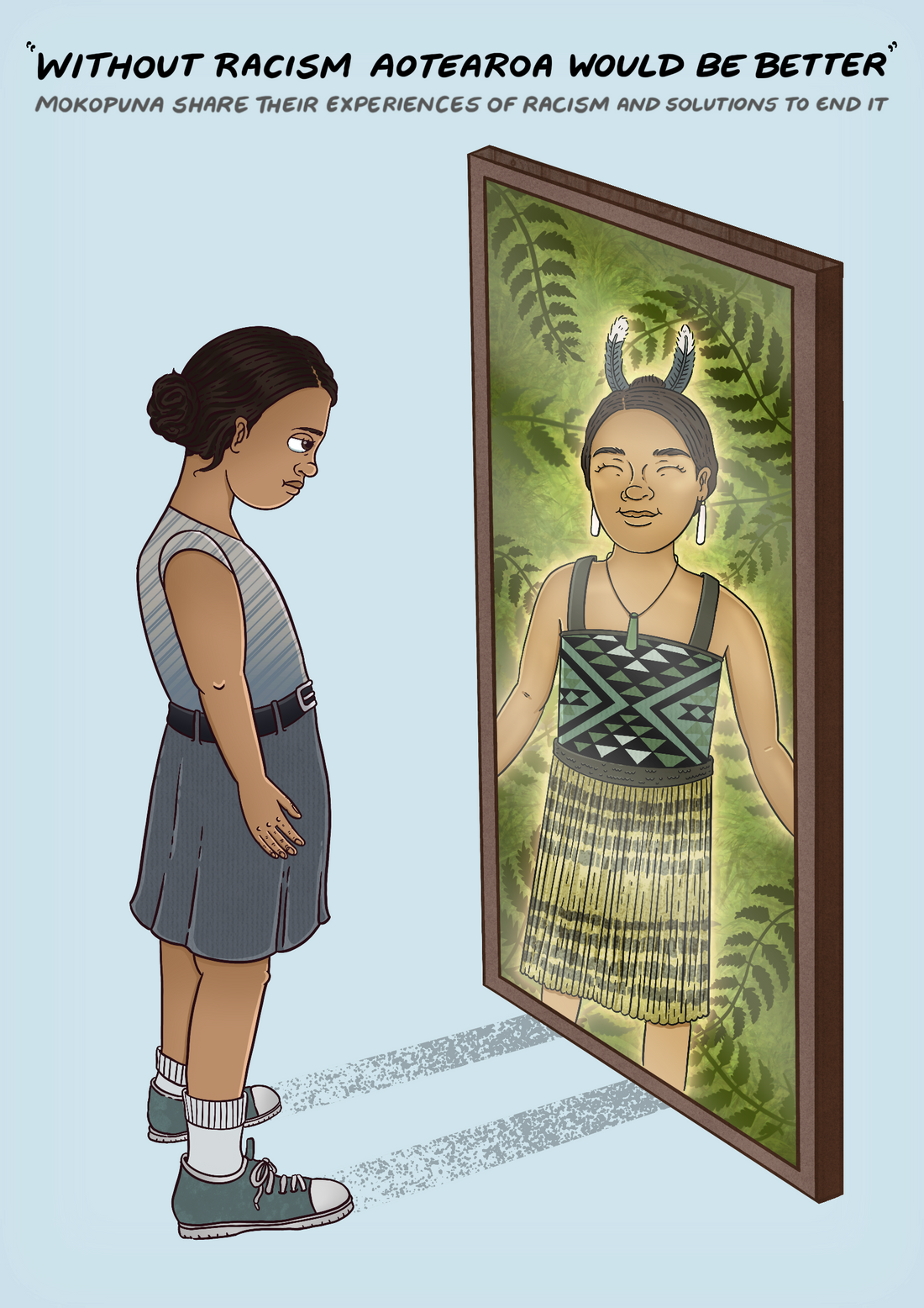 Mana Mokopuna - 'Children and Young People's Commission' Report Illustrations, "Without racism Aotearoa would be better" (March 2024)