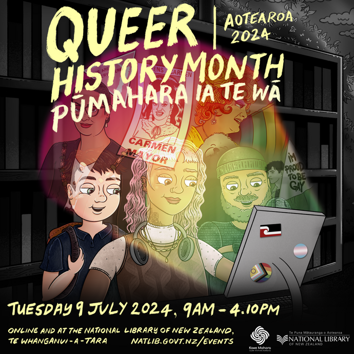 Queer History Month 2024 Poster for Kawe Mahara Queer Archives Aotearoa (June 2024)