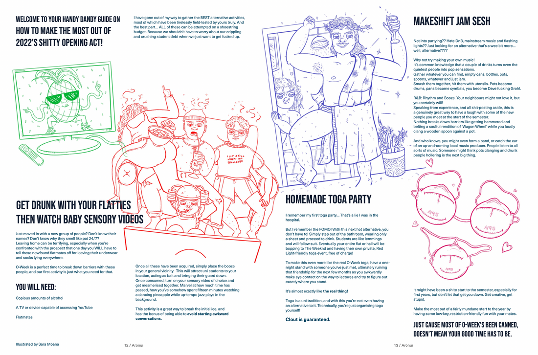 'The Ultimate O-Week Alternatives' Article written by Aiden Wilson featured in Massive Magazine Issue #1 (Feb 2022)