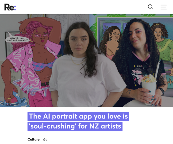 Interview for Renews, 'The AI portrait app you love is 'soul-crushing' for NZ artists' piece by Zoe Madden Smith (Archive 2022)