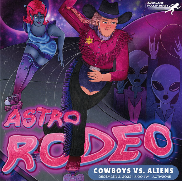 'Astro Rodeo: Cowboys vs Aliens' Fundraiser Event Poster for Auckland Roller Derby (December 2023)