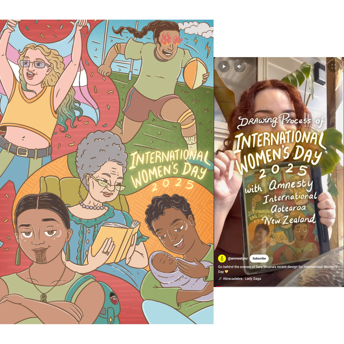 'International Women's Day 2025' Illustration + BTS Process Video for Amnesty International Aotearoa (March 2025)